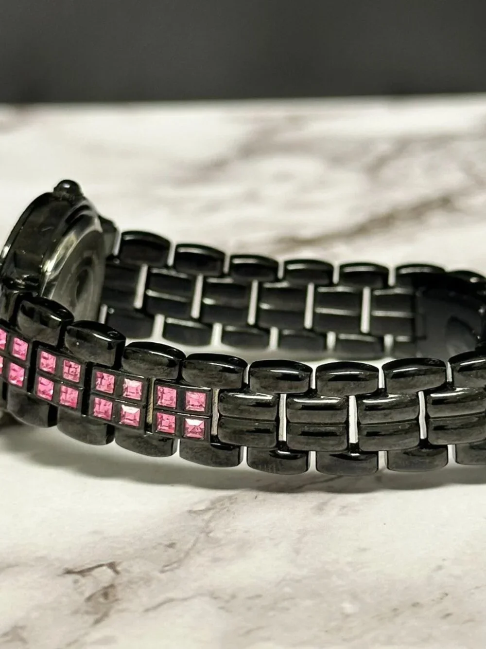Armitron Watch Women Black Dial Pink Clear Crystal Bezel New Battery 6.5 Inch